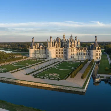 Le château de Chambord et ses jardins à la française vus du ciel