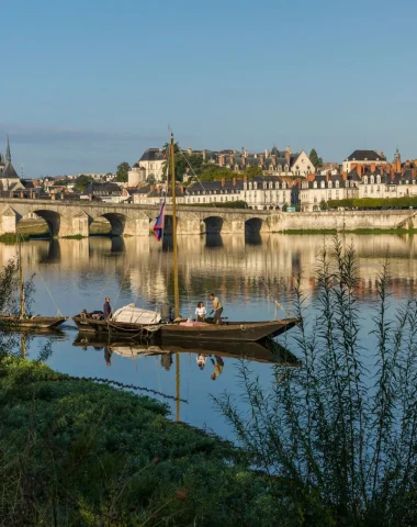 La ville de Blois vue depuis les bords de Loire, des bateaux sur le fleuve